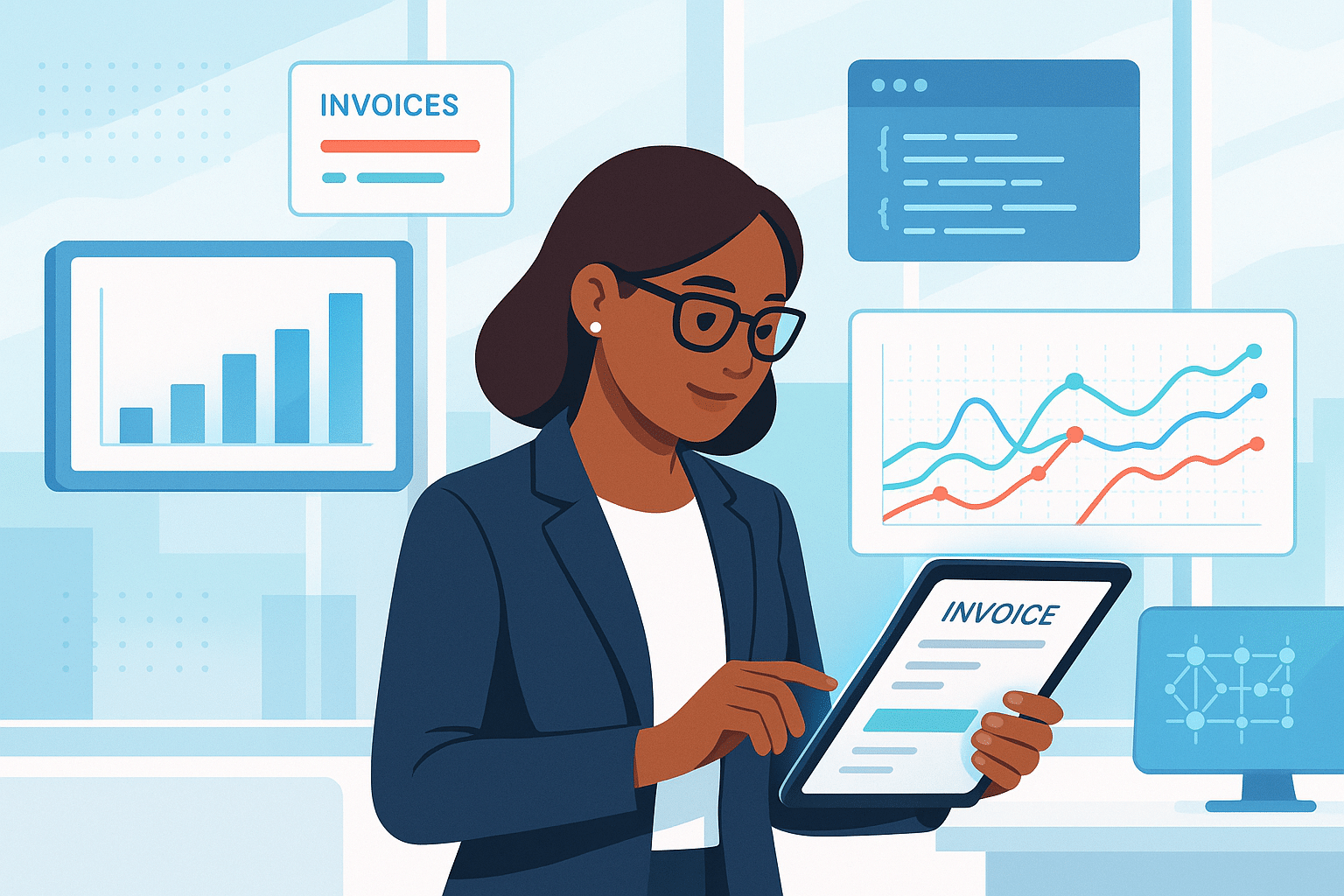 Femme d'affaires consultant une facture électronique sur une tablette, entourée de graphiques et de données en arrière-plan, illustrant la facturation électronique.