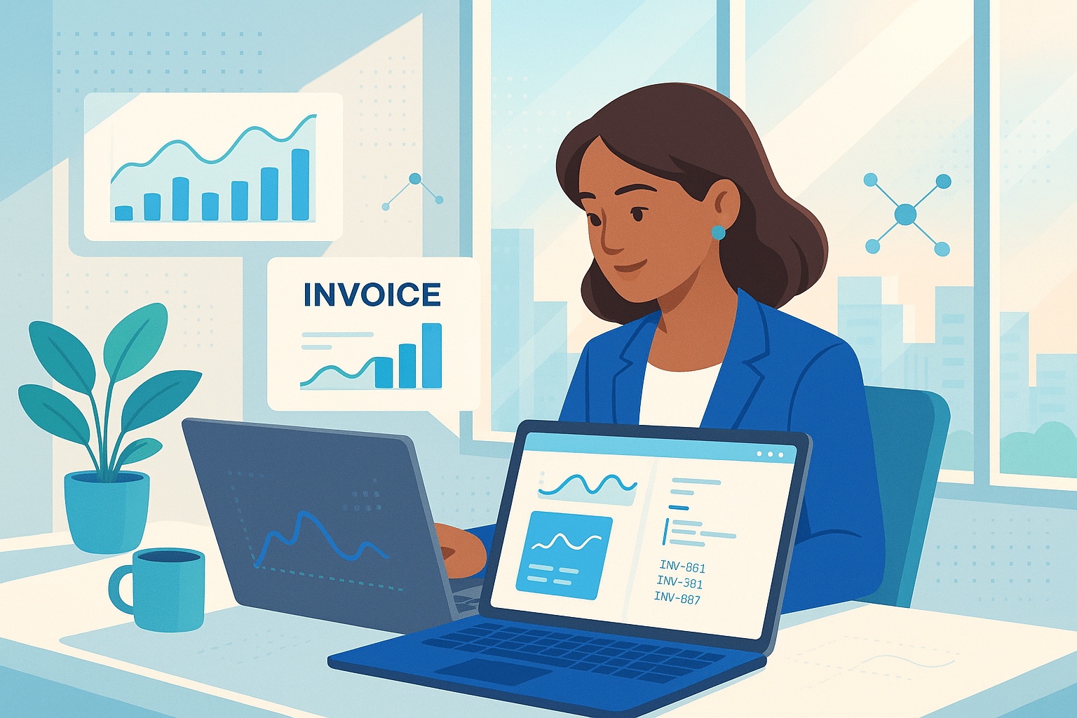 Personne utilisant un logiciel de facturation électronique sur un ordinateur portable avec des graphiques et des données visibles sur l'écran.