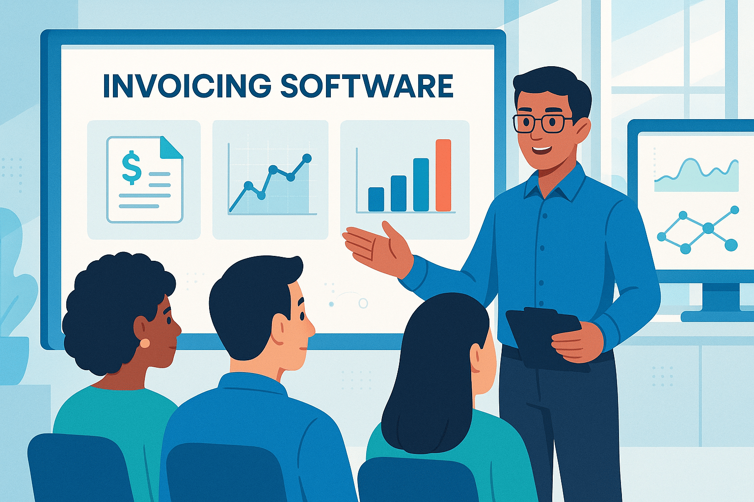 Formation sur un logiciel de facturation électronique avec un formateur expliquant des graphiques et des statistiques à des participants.