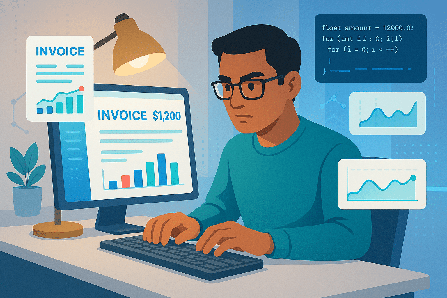 Utilisateur travaillant avec un logiciel de facturation électronique, visualisant des graphiques et des factures sur un écran d'ordinateur.