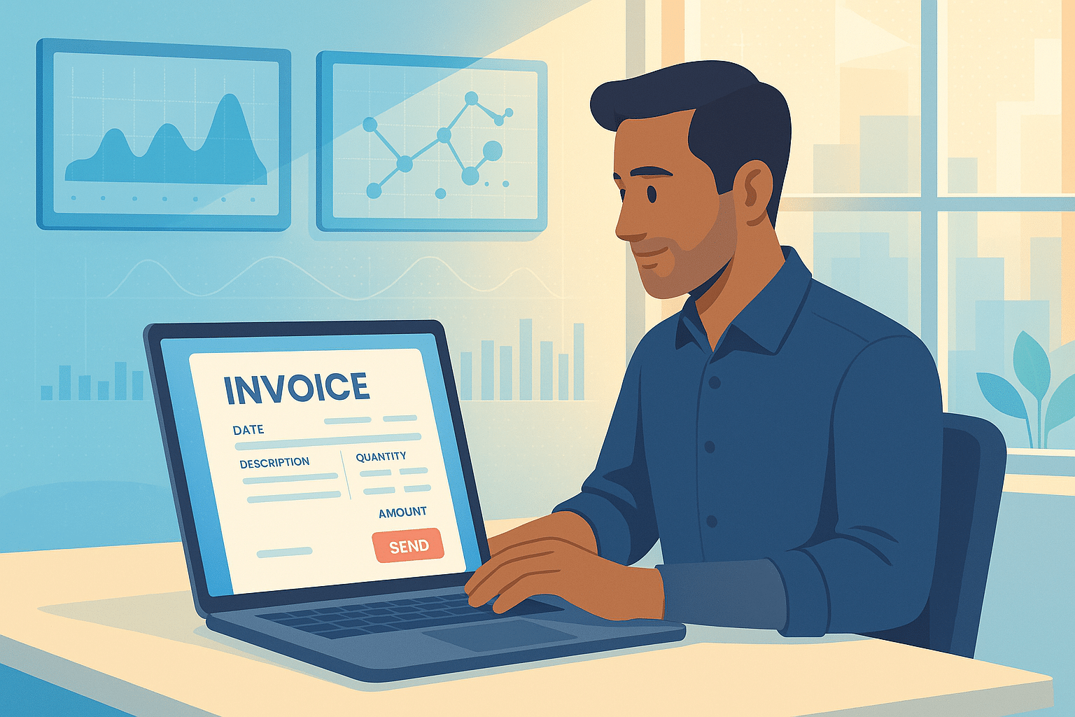 Un utilisateur travaillant sur un logiciel de facturation électronique, remplissant une facture sur un ordinateur portable avec des graphiques en arrière-plan.