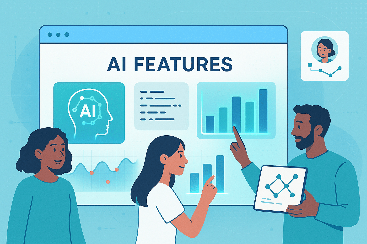  Illustration montrant des personnes discutant des fonctionnalités de l'intelligence artificielle dans un cadre numérique, avec des graphiques et des données sur un écran.