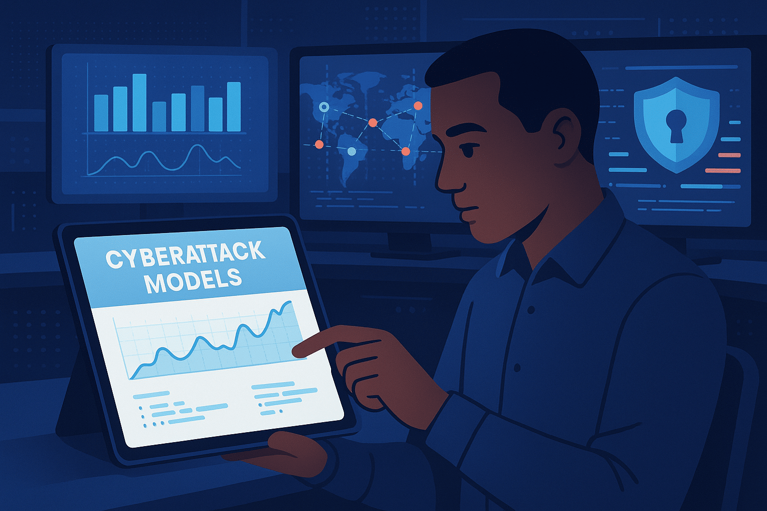 Illustration montrant un analyste de cybersécurité examinant des modèles de cyberattaque, avec des graphiques et des données sur un écran.
