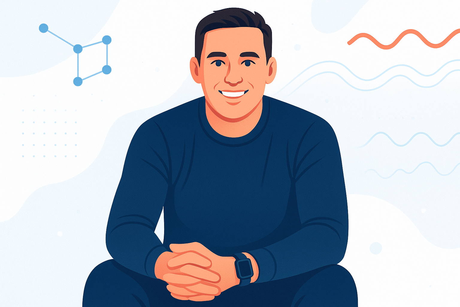 Illustration d’un homme souriant vêtu de sombre, les mains croisées, représentant un professionnel de la tech dans un contexte d’IA et de robotique.