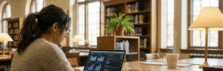 Étudiante travaillant sur un ordinateur portable avec des graphiques de données dans une bibliothèque.
