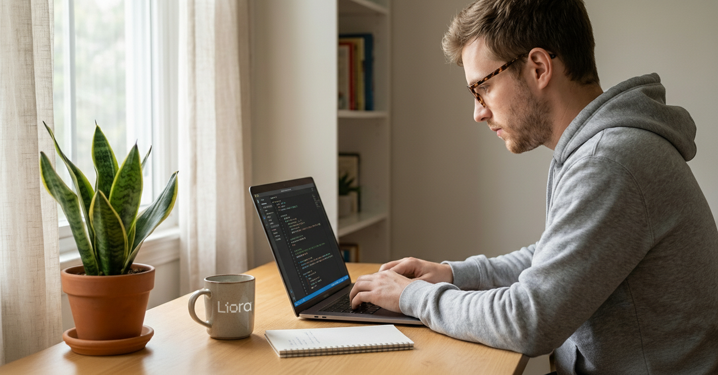 Développeur en télétravail écrivant du code sur un ordinateur portable dans un environnement domestique.