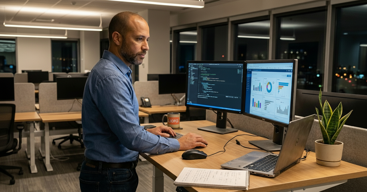 Développeur travaillant sur du code et analysant des graphiques de données sur deux écrans dans un bureau moderne de nuit.