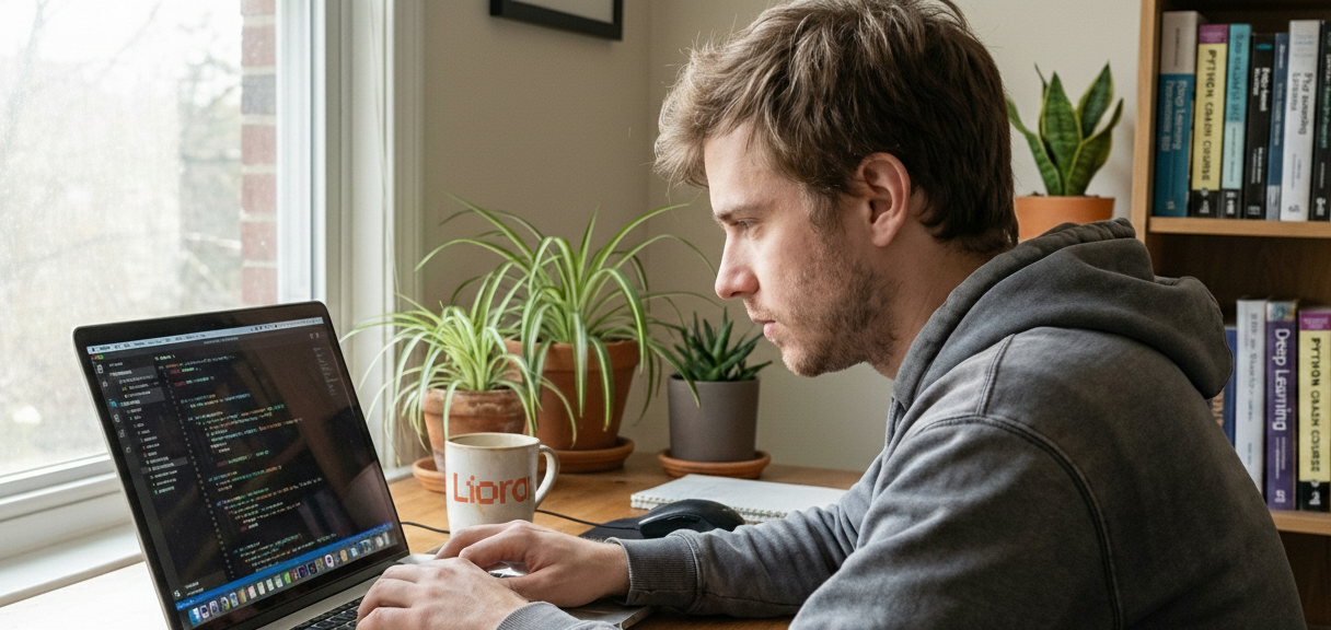 Développeur concentré travaillant depuis chez lui sur un ordinateur portable avec du code à l'écran.