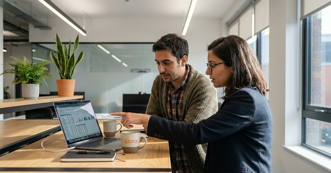 Deux collègues discutent d'un graphique de données sur un ordinateur portable dans un bureau moderne.