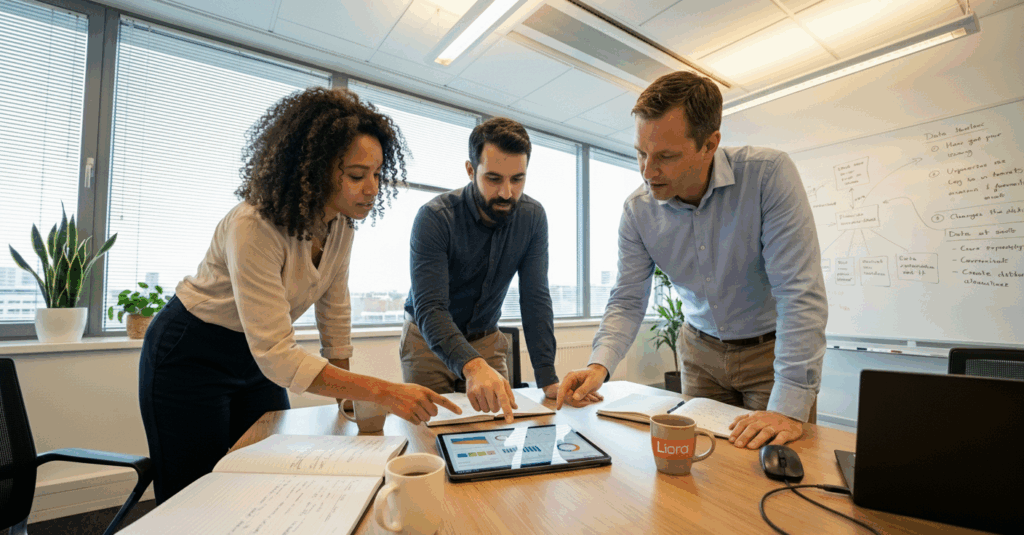 Trois collègues analysent des graphiques sur une tablette lors d'une réunion de travail dans un bureau moderne.