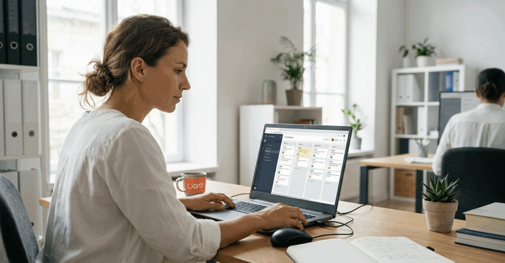 Femme utilisant un logiciel de gestion de projet sur son ordinateur portable dans un bureau moderne.
