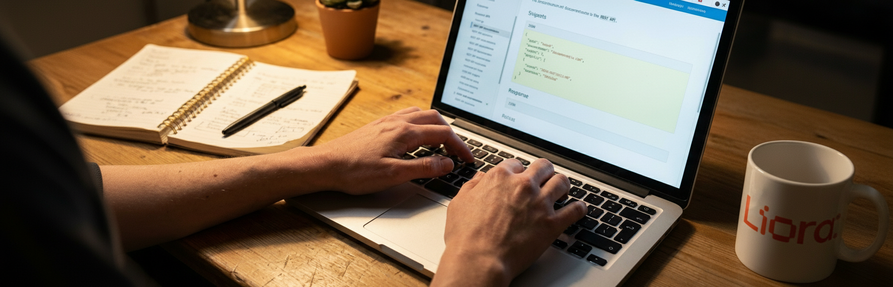 Développeur tapant du code pour une API sur un ordinateur portable, avec un carnet de notes et une tasse sur le bureau.