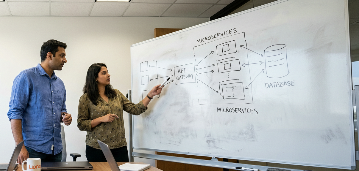 Deux collègues discutent devant un tableau blanc présentant une architecture de microservices avec une passerelle API et une base de données.
