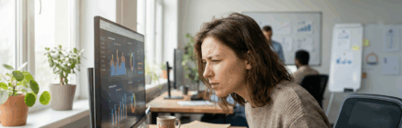 Femme concentrée analysant des graphiques de données statistiques sur un écran d'ordinateur dans un bureau moderne.