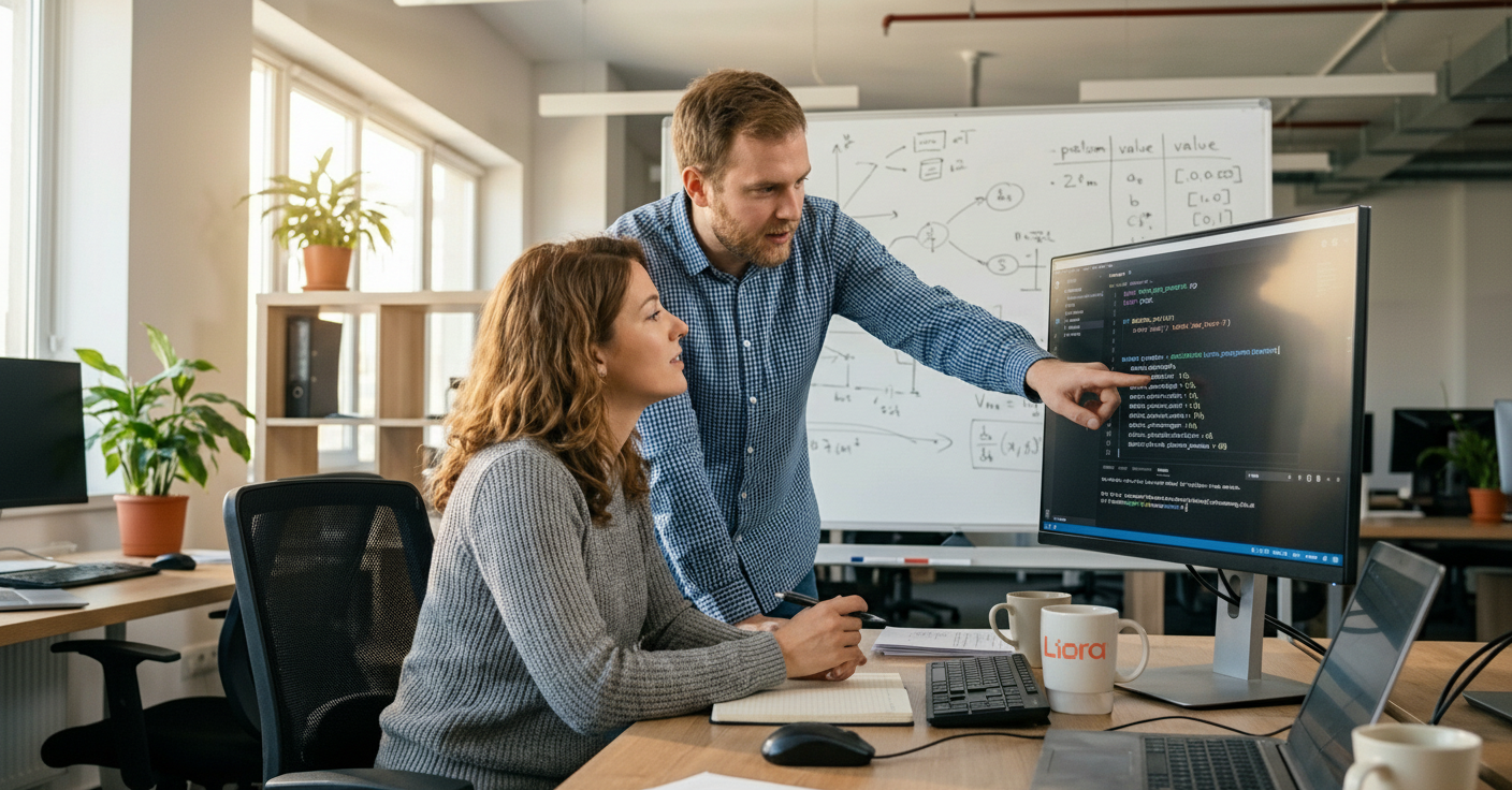 Deux développeurs informatiques travaillent ensemble sur du code affiché à l'écran dans un bureau moderne.
