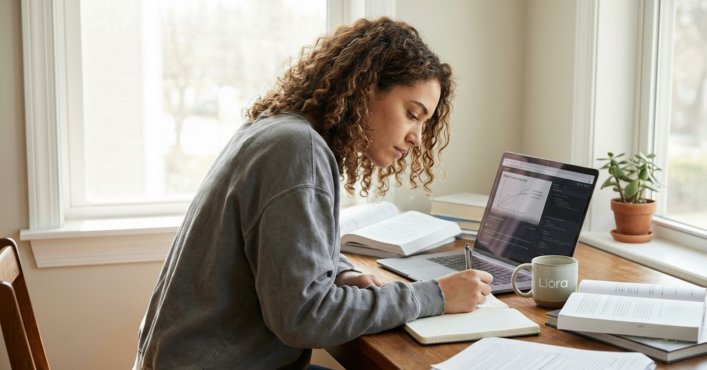 Jeune femme étudiant à domicile, écrivant dans un cahier près d'un ordinateur portable sur un bureau en bois.