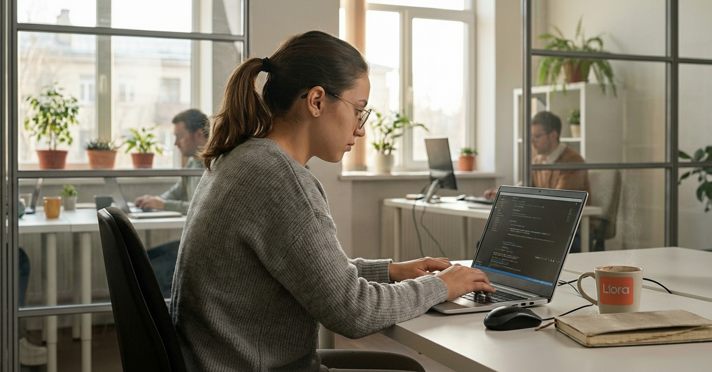 Développeuse concentrée écrivant du code sur son ordinateur dans un bureau moderne partagé.