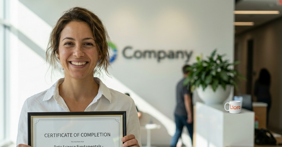 Femme souriante tenant un certificat de fin de formation en data science