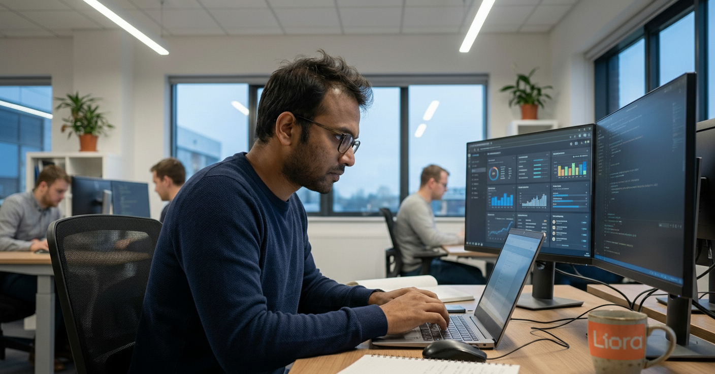 Un analyste de données travaille sur un ordinateur portable avec des graphiques affichés