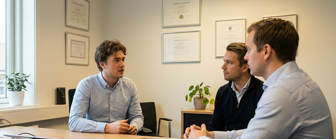 Trois collègues en réunion dans un bureau moderne avec des diplômes accrochés au mur.
