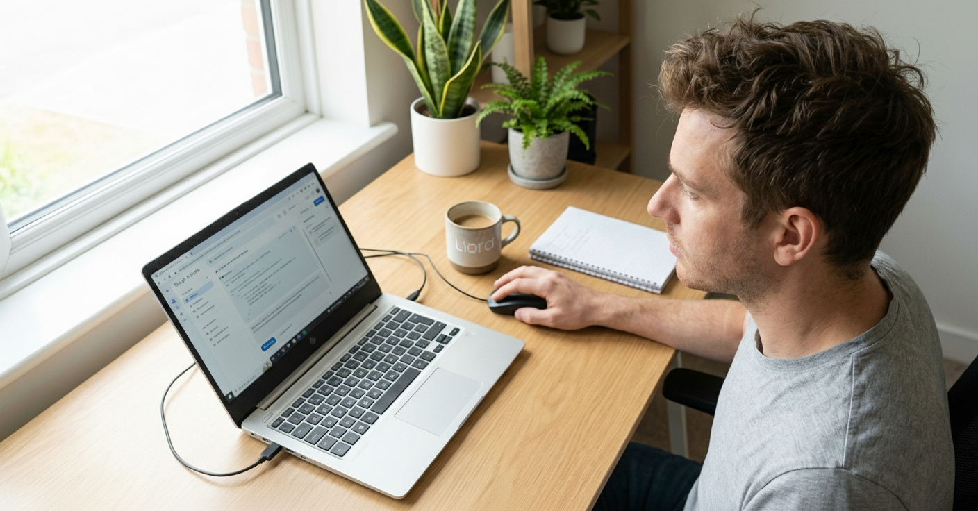 Homme travaillant à domicile sur un ordinateur portable près d'une fenêtre, avec une tasse de café et un carnet sur le bureau.