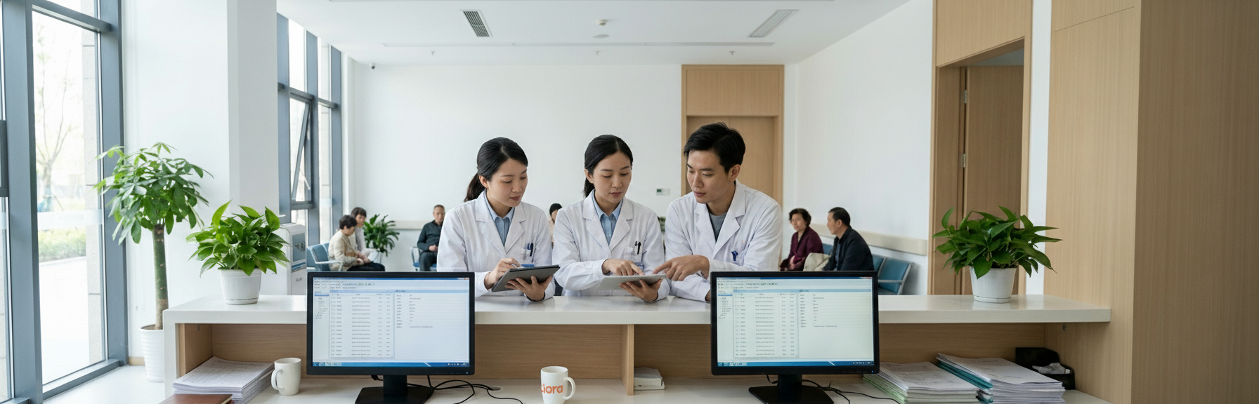 rois médecins en blouse blanche discutent d'un dossier patient sur une tablette dans un hall d'hôpital moderne.