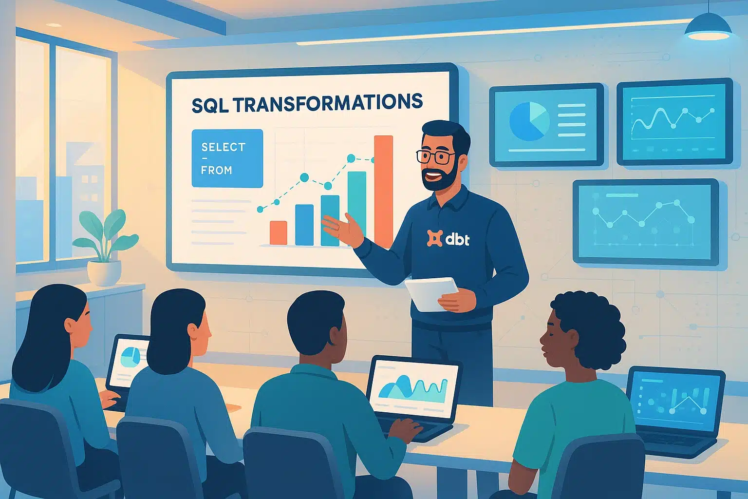 Session de formation sur dbt (data build tool) avec un instructeur expliquant les transformations SQL à des participants.