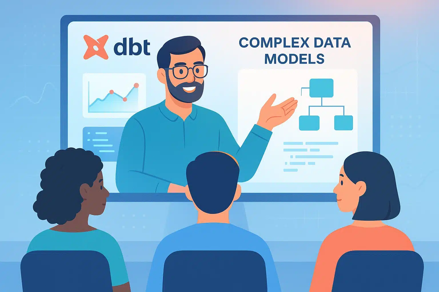 Formation sur dbt (data build tool) illustrée, avec un formateur expliquant des modèles de données complexes à un groupe d'apprenants.