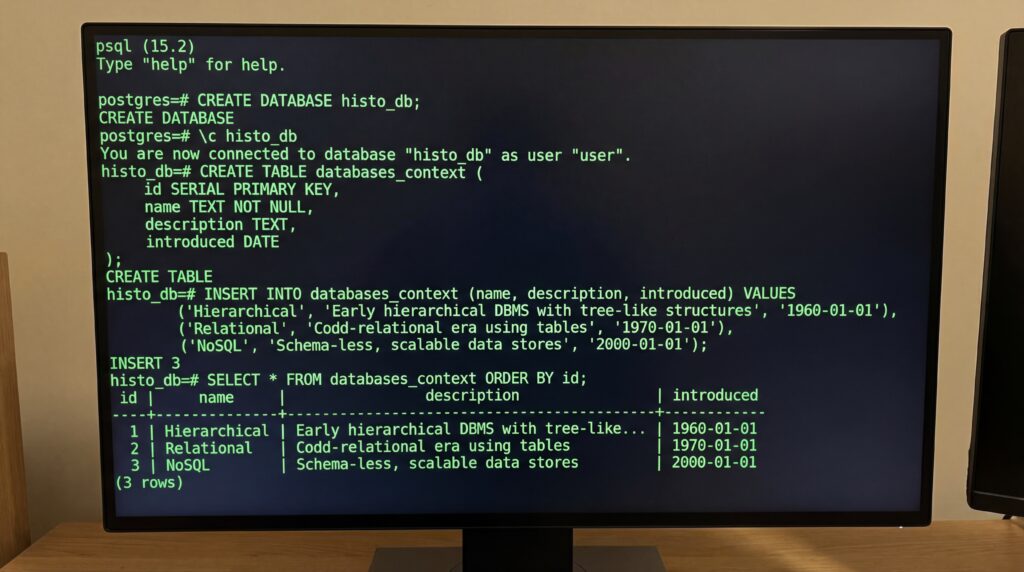 Écran d'ordinateur affichant une requête SQL sur une base de données, avec des commandes et des résultats visibles.