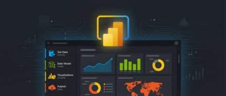 Interface Power BI affichant des graphiques et des données analytiques sur fond noir, illustrant les applications de l'intelligence artificielle dans la prise de décisions.