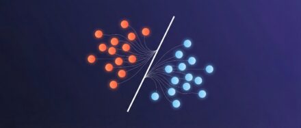 Illustration représentant un algorithme de classification avec des points rouges et bleus séparés par une ligne.