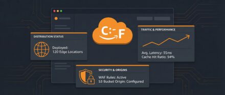Infographie présentant les fonctionnalités et les performances d'Amazon CloudFront, avec des statistiques sur les emplacements de bord et la latence.