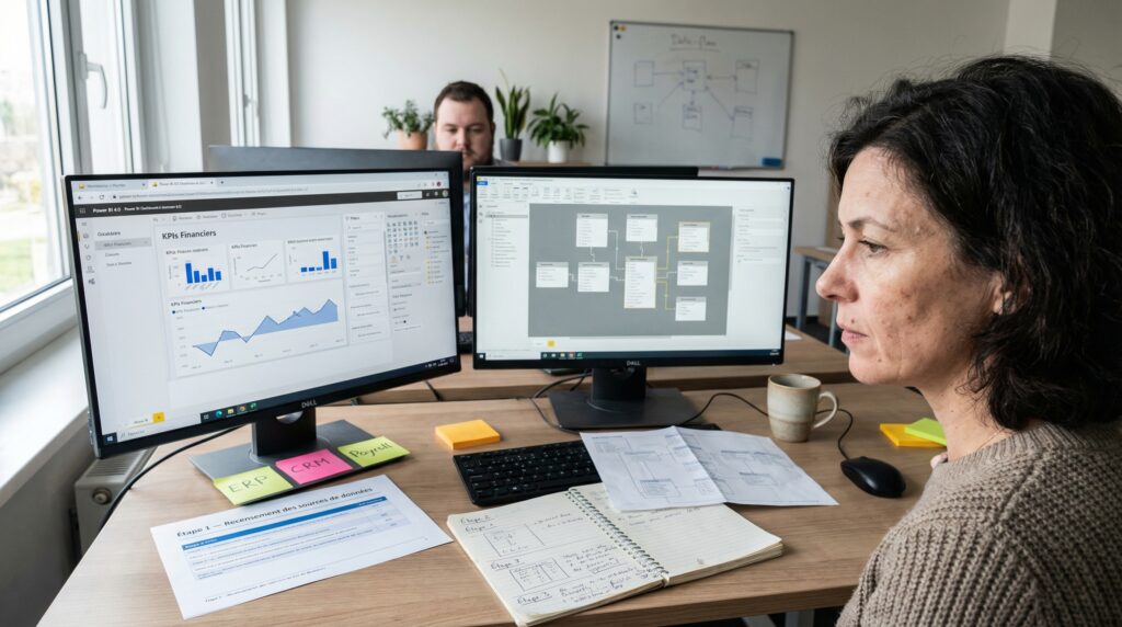 Une femme travaillant à un bureau avec deux écrans affichant des graphiques et des données, tandis qu'un collègue est en arrière-plan.