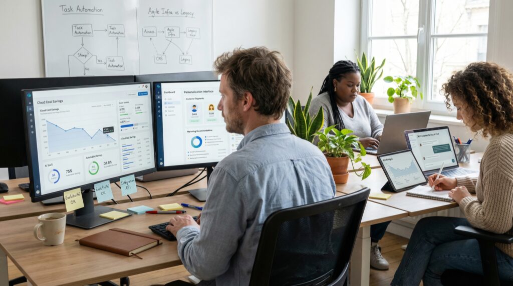 Trois personnes travaillant sur des ordinateurs dans un bureau, deux hommes et une femme, examinant des graphiques et des tableaux sur des écrans.