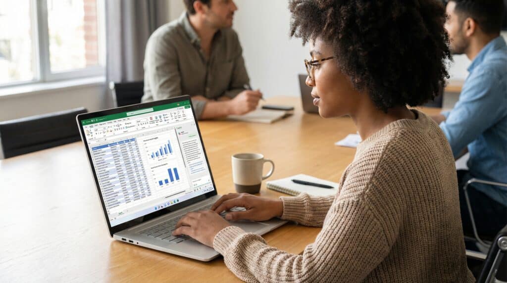 Une femme travaillant sur un ordinateur portable affichant des graphiques d'analyse de données lors d'une réunion.