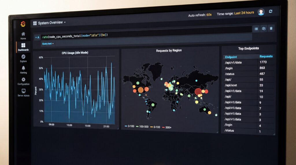 Écran affichant des graphiques et des cartes interactives pour l'analyse des données mondiales.