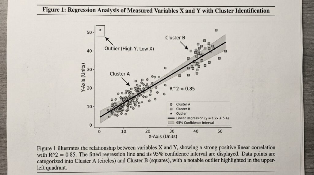 Graphique illustrant une analyse de régression entre deux variables, avec des clusters identifiés et un point aberrant en surbrillance.