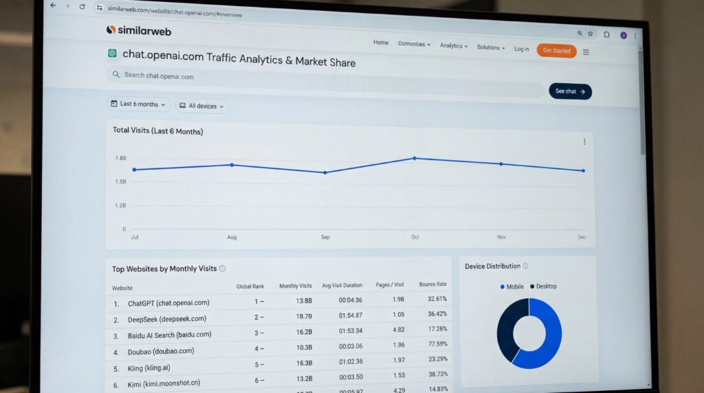 Écran montrant un graphique d'analyse du trafic web avec des données mensuelles et un tableau des sites référents.