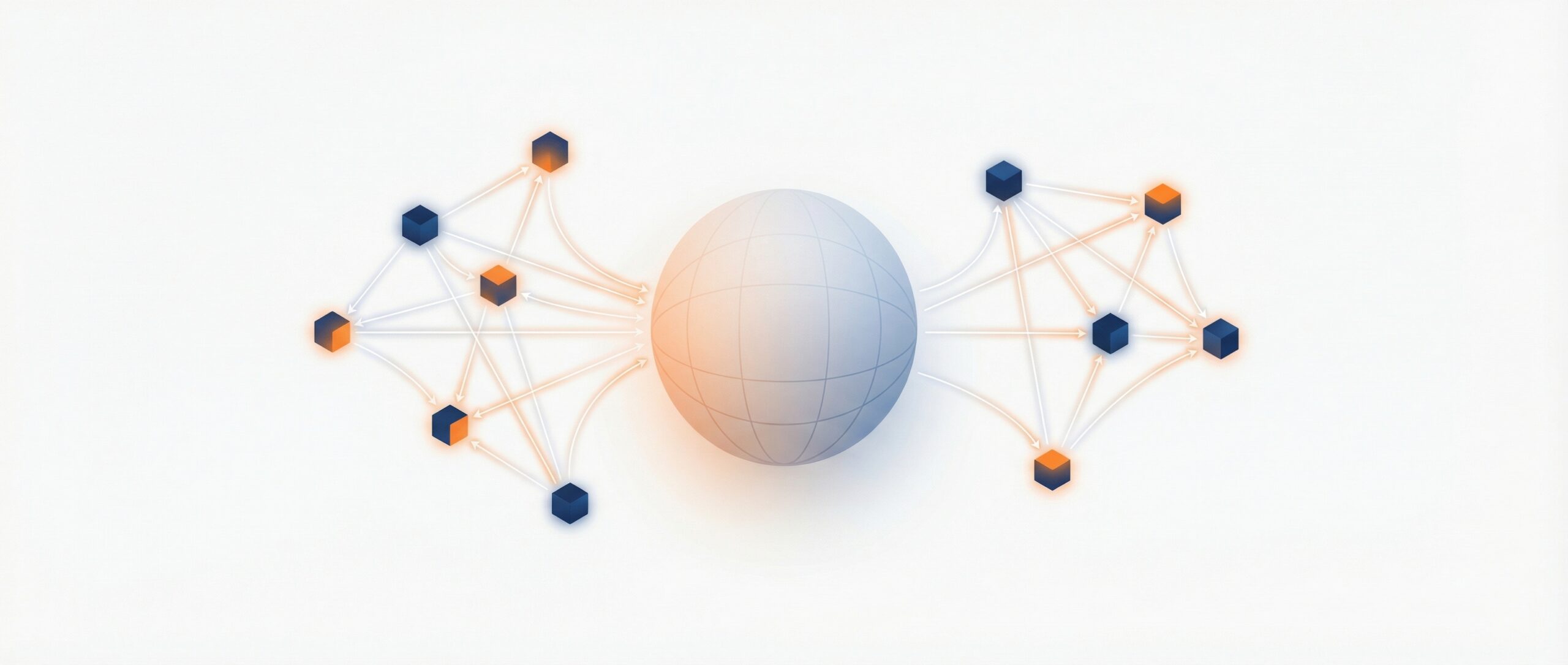 Illustration d'une architecture distribuée avec un cercle central et des points connectés, symbolisant la relation avec le Big Data.