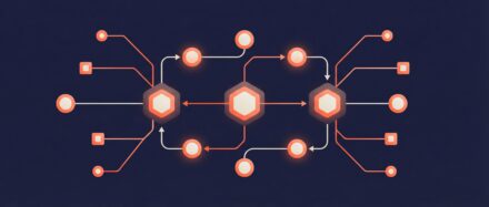 Schéma illustrant l'architecture réseau avec des connexions et des nœuds lumineux sur fond sombre.