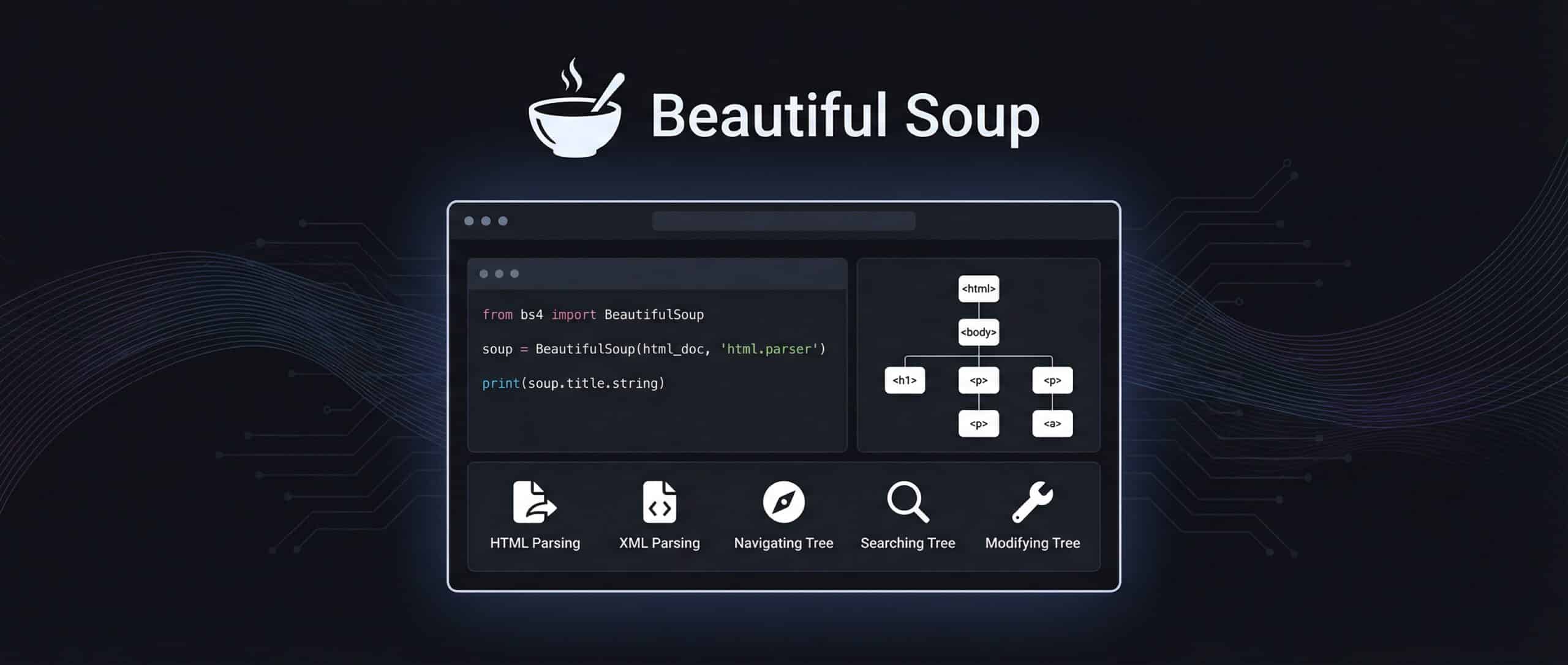 Interface de Beautiful Soup affichant du code Python pour le web scraping.