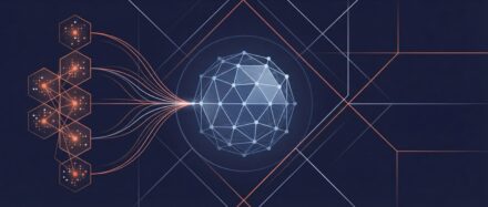 Illustration numérique représentant un globe géométrique connecté à des réseaux de données, symbolisant une bibliothèque de prompts IA.