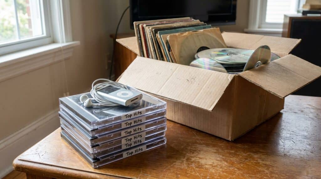 Une boîte remplie de disques vinyles avec des CD empilés sur une table en bois près d'une fenêtre.