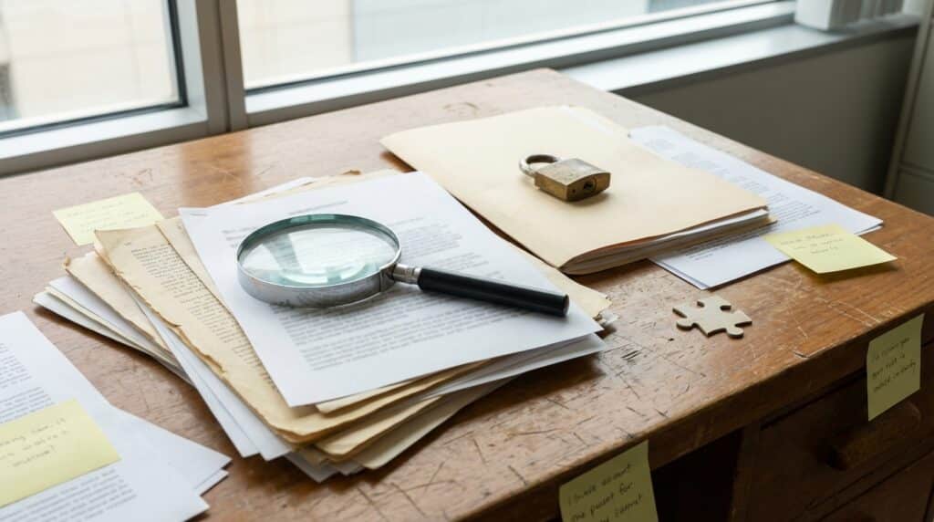 Bureau avec des documents, une loupe et un cadenas, illustrant une analyse détaillée et organisée.
