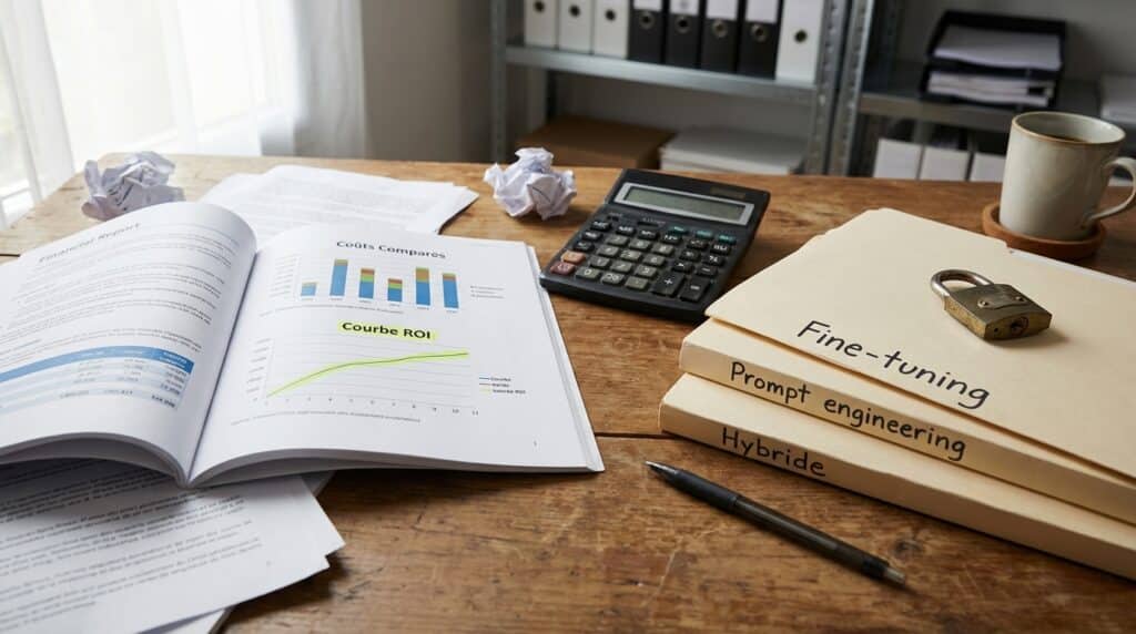 Bureau avec des documents, un graphique, une calculatrice et des dossiers étiquetés 'Planification' et 'Ingénierie'.