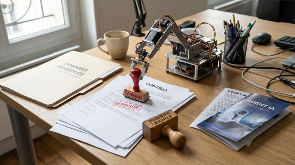 Un bureau avec un timbre automatisé, des documents et des fournitures de bureau.