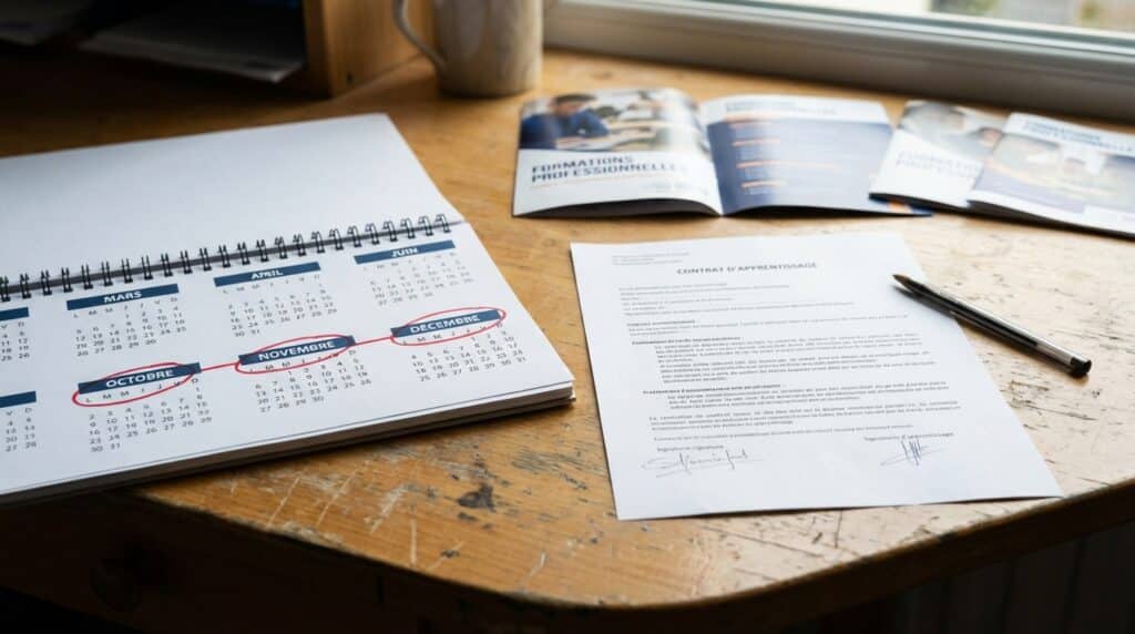 Un bureau présentant un calendrier, des documents imprimés et un stylo sur un fond en bois clair.