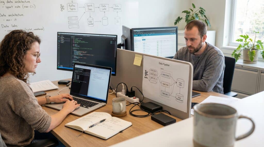 Deux professionnels en train de travailler sur des ordinateurs dans un bureau moderne, avec des écrans affichant du code et des graphiques.