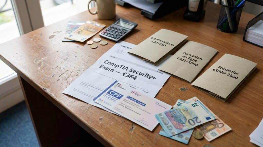 Un bureau avec des factures, des euros et une calculatrice, illustrant la gestion financière.