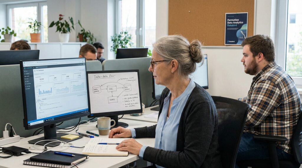 Femme travaillant sur un ordinateur à un bureau, tandis qu'un homme assis à côté d'elle regarde un écran. L'environnement de travail est moderne et bien éclairé.